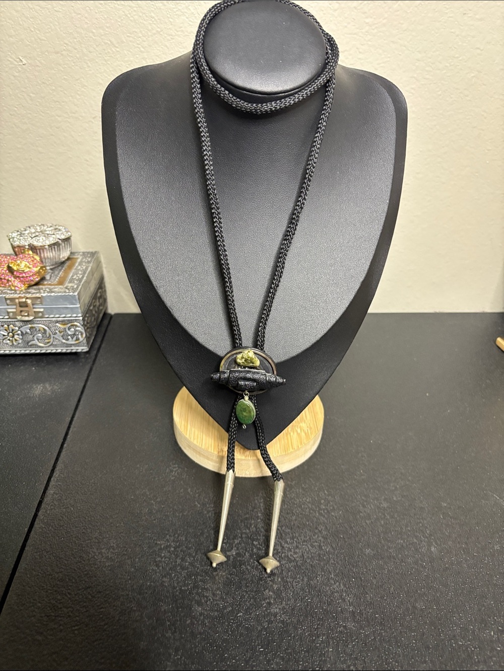 Unique Western Black Cord Bolo Necklace with Green Stone Accents
